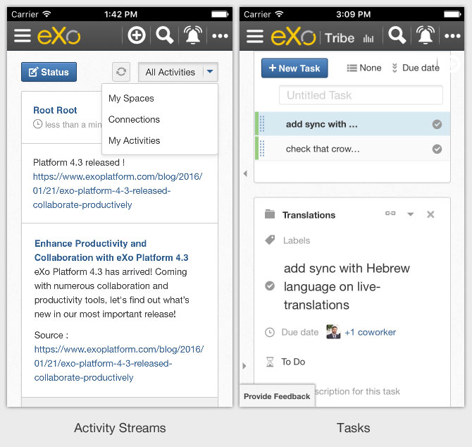 Activity Stream and Task Management in eXo 4.3 mobile app