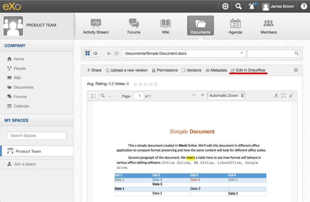 eXo Platform Edit In OnlyOffice