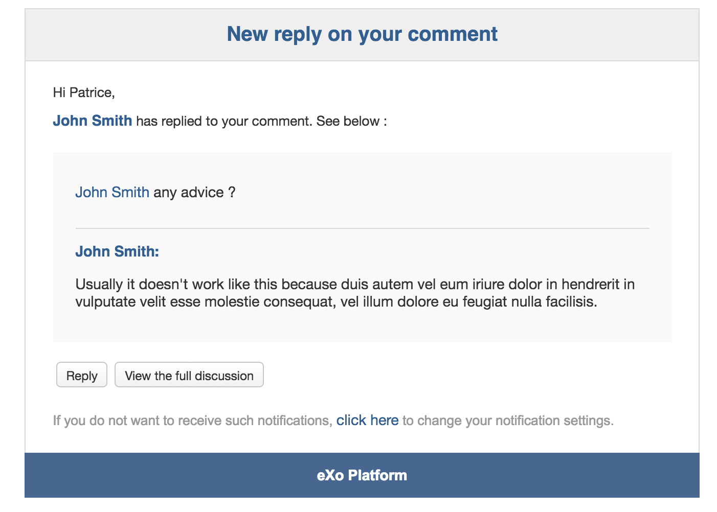 Email notifications from eXo Platform once someone replies to your comments