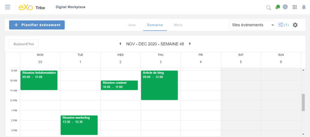 Accès à l’agenda depuis un espace eXo Platform 6.0