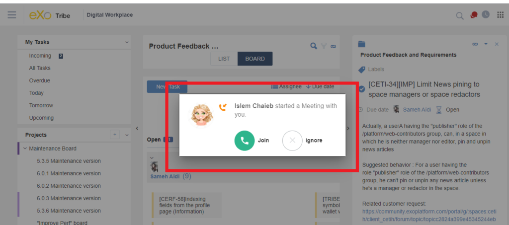 Call notification Jitsi on eXo Platform 6